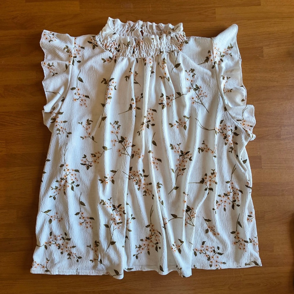 Melloday Womens XL Floral Smocked High Neck Ruffle Sleeveless Top White Yellow